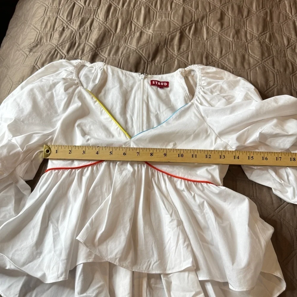 STAUD Dani Blouse Womens 0 White Cotton Poplin Puff Sleeve Peplum Top $245
